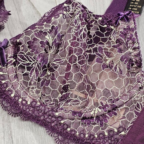 Dita Von Teese Evelina Aubergine Plum Unlined Embroidered Bra, Size 38B - Picture 9 of 10